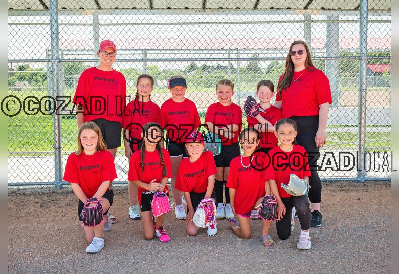 In no order: Coaches: Kristin Ahlenstorf and Kate Doxon, Addilynn Zimbelman, Daisy Poppert, Blaikly Garretson, Harper Wolf, Kenzie Slade, Hailey Swartwood, Emery Doxon, and Kodi Ahlenstorf. (Katie Arndt Photography)